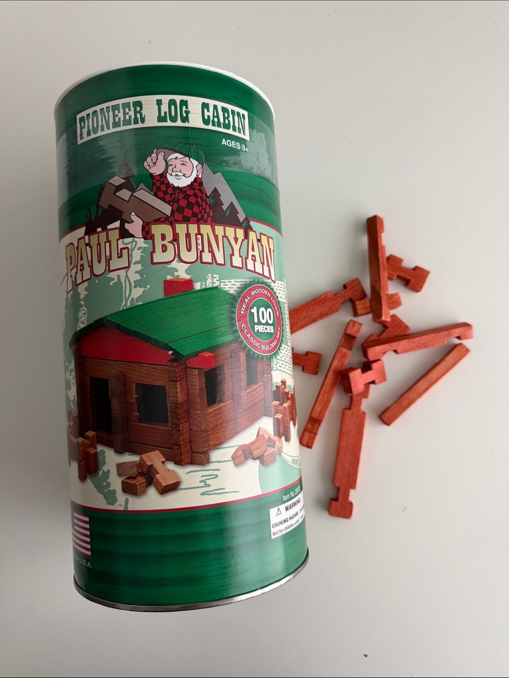 Paul Bunyan Pioneer Log Cabin Building Set - Green & Red - All Wood Pieces Age3+